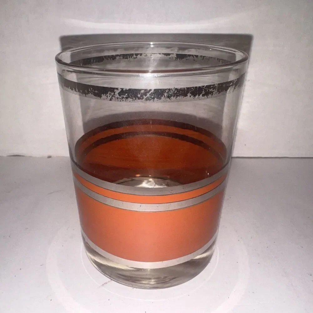 Set 4 Georges Briard Orange Silver Stripe Mid Century Rocks Glasses MCM Signed